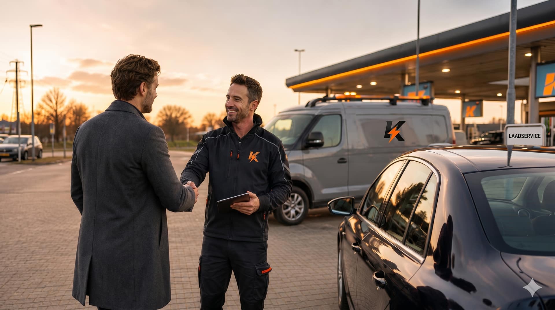 Monteur geeft starthulp met startkabels op een lege auto-accu